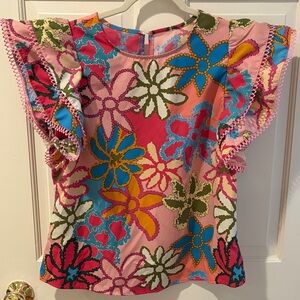 Floral Ruffle Sleeve Top Size Large